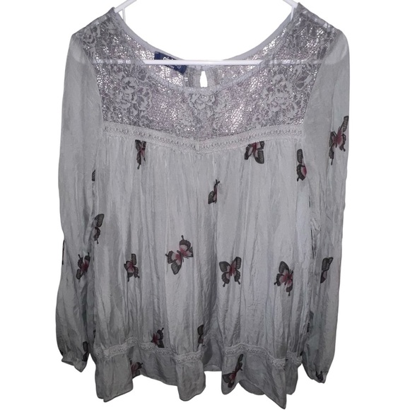 EUC Giulia Silk Elegant Lace Butterfly Print 🦋 Lace Long Sleeve Grey Top Small - Picture 1 of 7